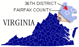 Map of Virginia showing Fairfax County and the 36th District.